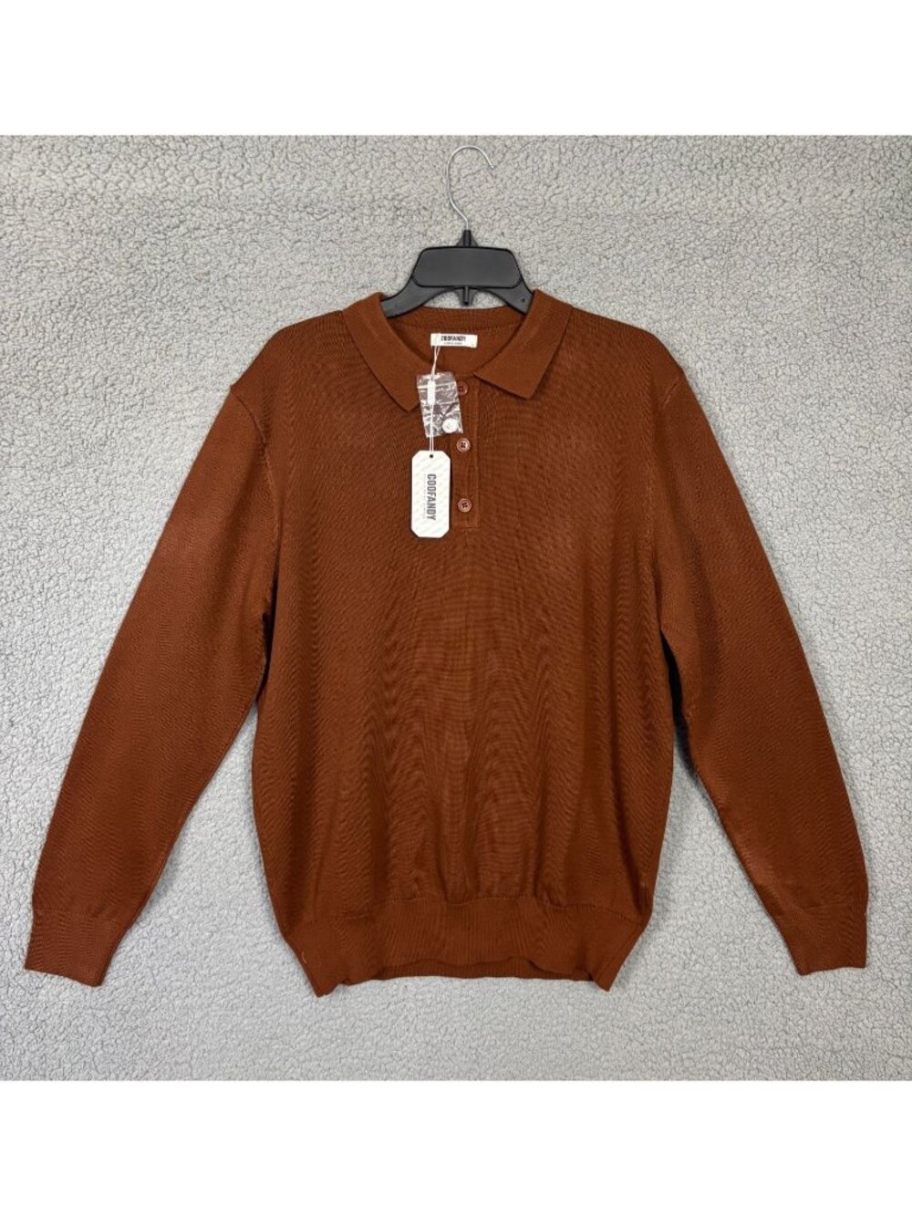 COOFANDY Mens Knit Polo Shirts Casual Long Sleeve Button Down Brown Large NWTs